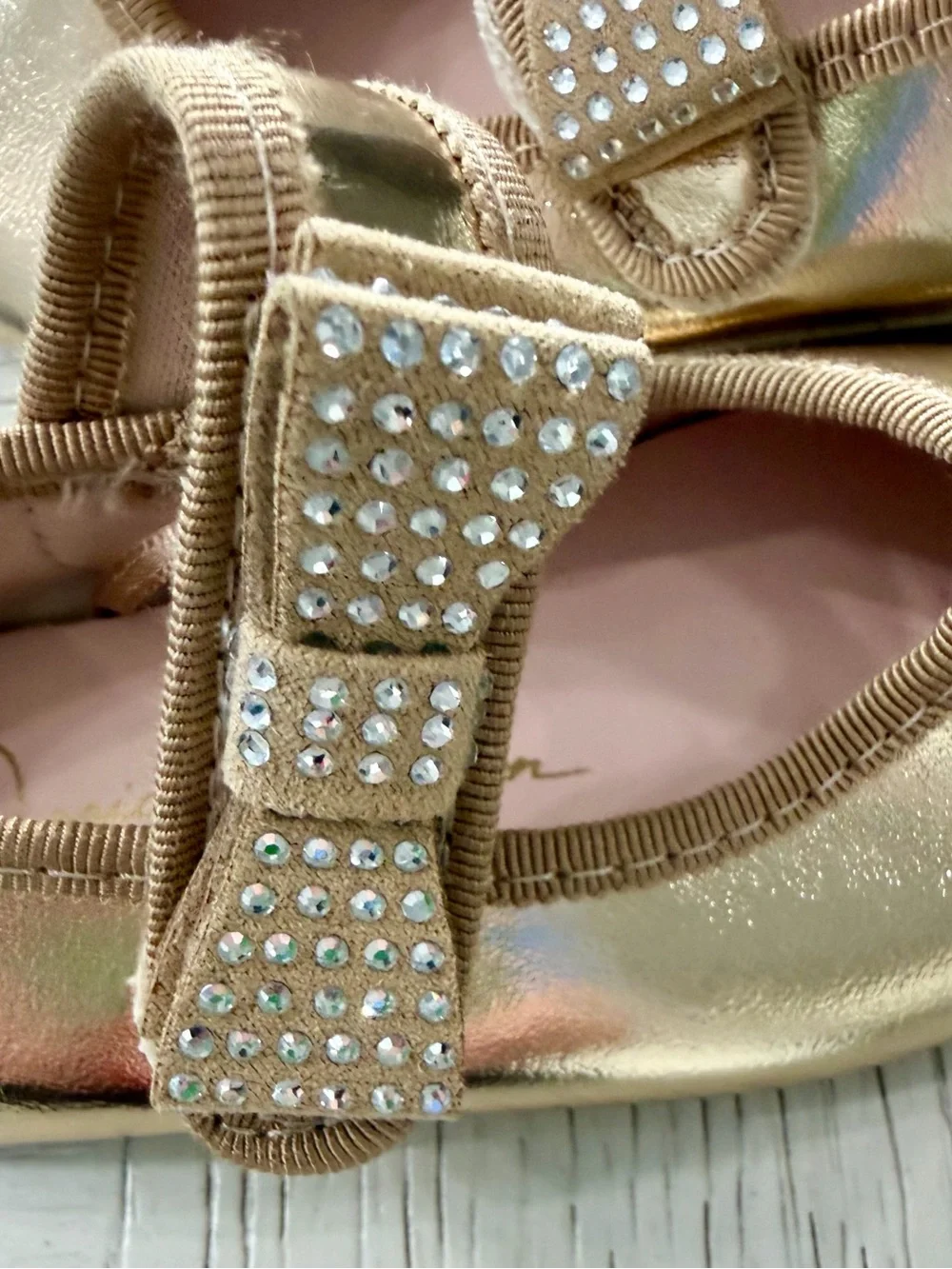 Jessica Simpson Gold Mary Jane Slip-on Faux Patent Dress Shoes Rhinestone Bow 5